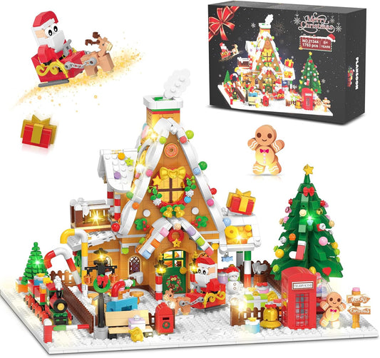 Christmas Gingerbread House Mini Building Set with LED Light, 1763 PCS Christmas Courtyard Building Block Toy with Santa Claus Xmas Tree Train Home Decor, Gift for Adult Kids Girls Boys 10+