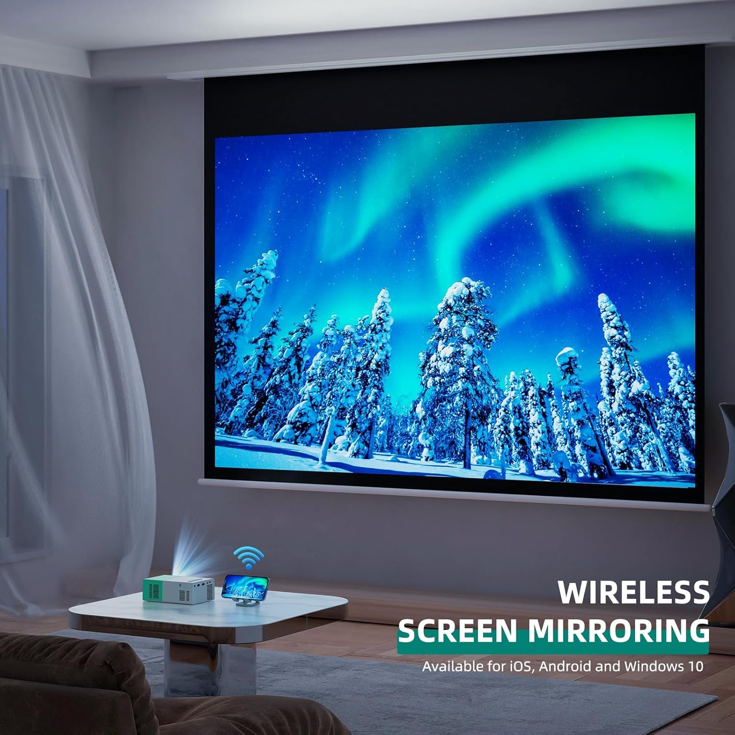 Projector,  Wifi Projector Portable Movie Projector, Phone or Tablet Can Be Mirrored to the Projector Wirelessly or via Data Cable, Compatible with Smartphone/ Tablet/ Laptop/Tv Stick/Usb Drive