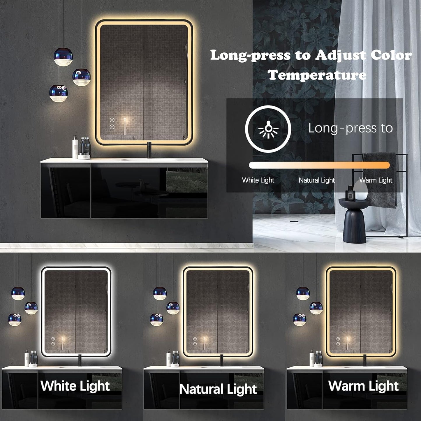 LED Bathroom Mirror, 36"X28" Rectangle Wall Mounted Vanity Mirrors with Metal Frame, anti Fog Dimmable Smart Mirror for Bathroom/Bedroom/Livingroom/Entryway, (Horizontal or Vertical),Gold