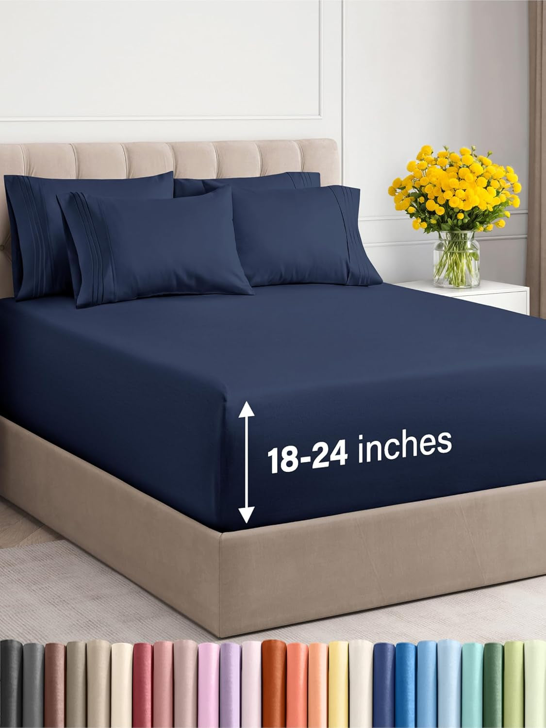 Extra Deep King Sheet Set - 6 Piece Breathable & Cooling Sheets - Hotel Luxury Bedding Set 18-24 Inch Extra Deep Pockets - Easy & Secure Fit - Super Soft, Wrinkle Free & Comfy - Navy Blue, King Size