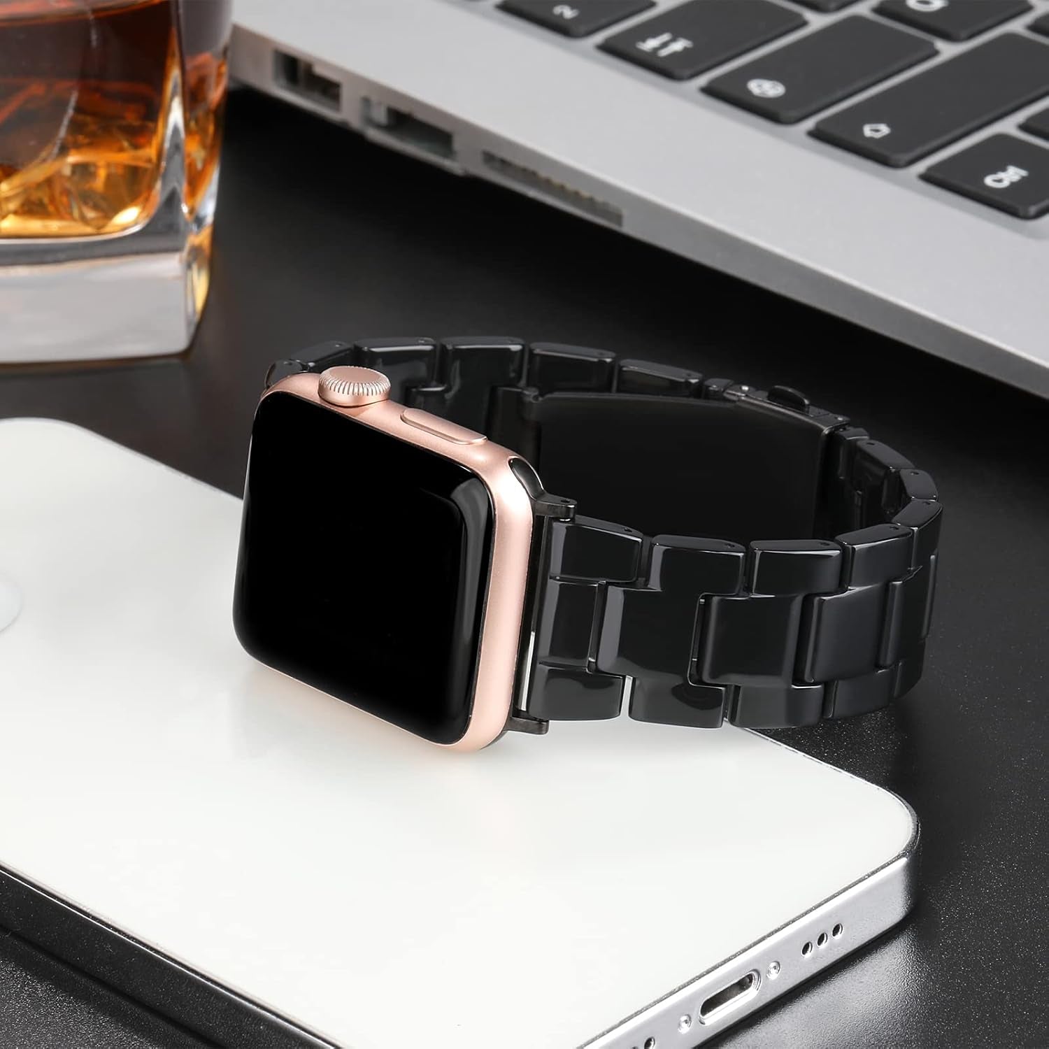 Resin Strap Compatible with Apple Watch Band 40Mm 38Mm 41Mm Series 7/6/5/4/3/2/1/SE Women Men, Lightweight and Durable Iwatch Stylish Bracelet Replacement Bands with Stainless Steel Buckle Black