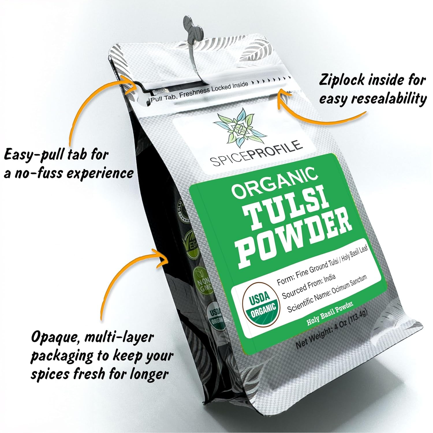 | USDA Certified Organic Holy Basil (Tulsi Leaf) Powder | Resealable 4Oz Pouch | for Vitality & Wellness | Perfect for Teas & Drinks TLBH