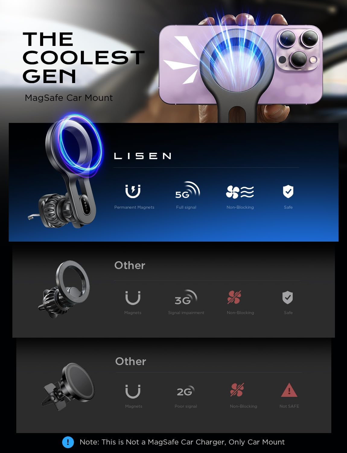 for Iphone 16 Magsafe Car Mount, [Quick Install] Magnetic Mag Safe Car Phone Holder Vent, Car Truck Accessories Gifts for Him Her Iphone 16E 16 Pro Max 15 14 13 12 plus Mini Men Women, Black