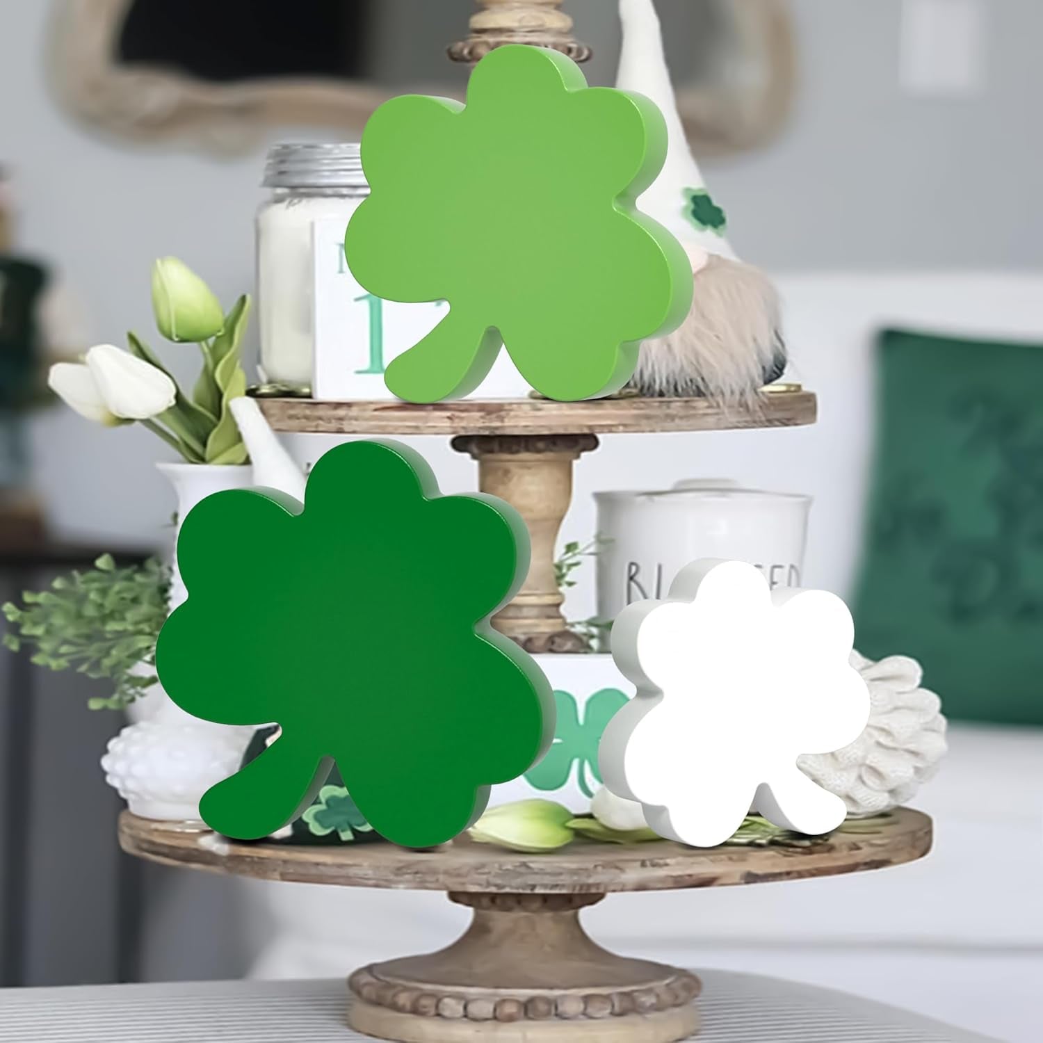 Valentine'S Day/St. Patrick'S Day Decorations Tiered Tray Decor, 6 Pcs Heart and Shamrock Wooden Signs Table Decor for Home Kitchen Office