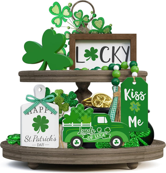 St. Patrick'S Day Tiered Tray Decor Set - 5 Pcs Shamrock Wooden Signs Lucky Decor Bead Garland, St. Patricks Day Decorations for Home Kitchen Table Party Decorations