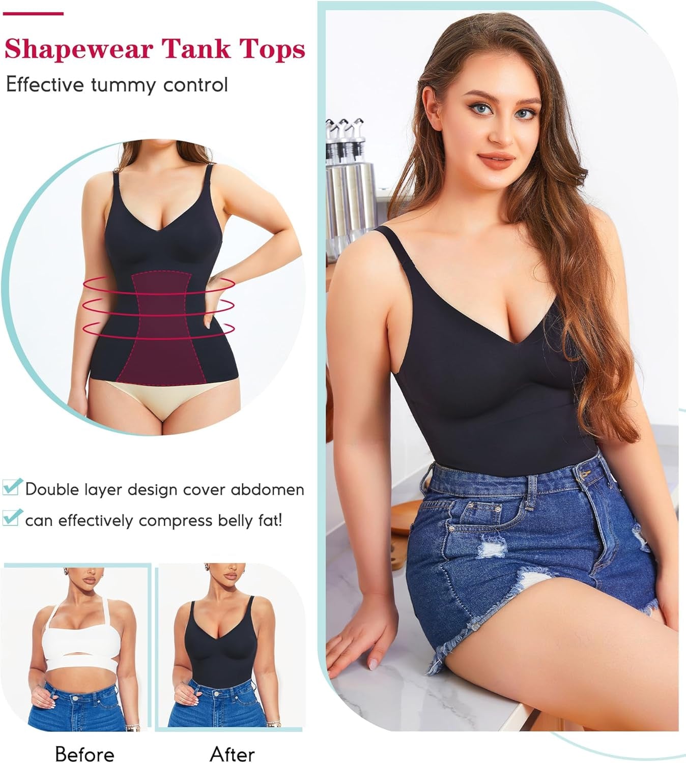 Compression Tank Tops for Women Tummy Control Shapewear Seamless Body Shaper Workout V-Neck Camisole Cami Tops