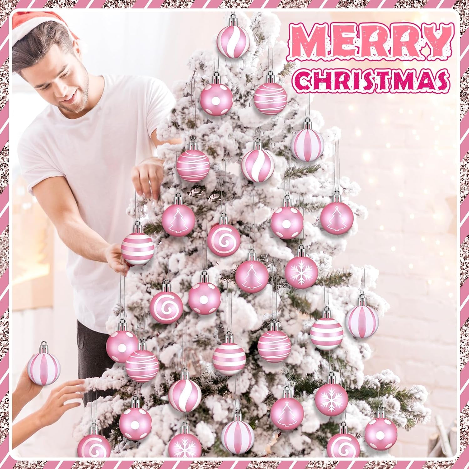 24 Pcs Pink and White Christmas Ball Ornaments 2.36 Inch Christmas Tree Decoration Ornaments Glitter Plastic Stripe Dot Snowflake Hanging Ball Christmas Decorations for Home Indoor Outdoor