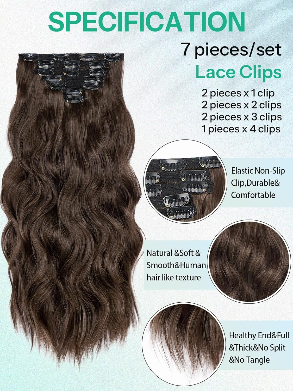 Clip in Hair Extensions for Women with Thinning Hair，7Pcs 20 Inch Thick Long Wavy Hair Extensions Clip Ins，Chocolate Brown with Dark Brown Synthetic Hairpiece for Daily Use Voluminous Look