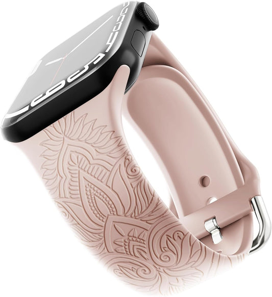 Chinese Style Engraved Bands Compatible with Apple Watch Bands 38Mm 40Mm 41Mm 42Mm 44Mm 45Mm 49Mm for Women Girl, Floral Design Soft Silicone Strap for Iwatch Ultra/Ultra 2 Series 9/8//7/6/5/4/3/2/1/SE