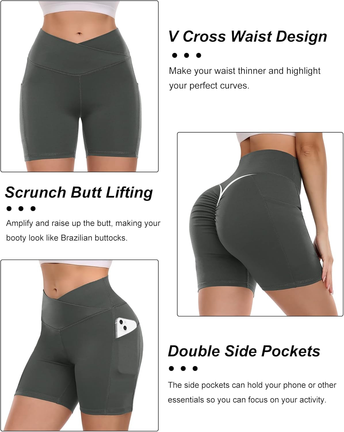 Women'S Ribbed Cross Waist Workout Shorts Scrunch Butt Lifting Shorts with Pockets High Waisted V Cross Biker Shorts