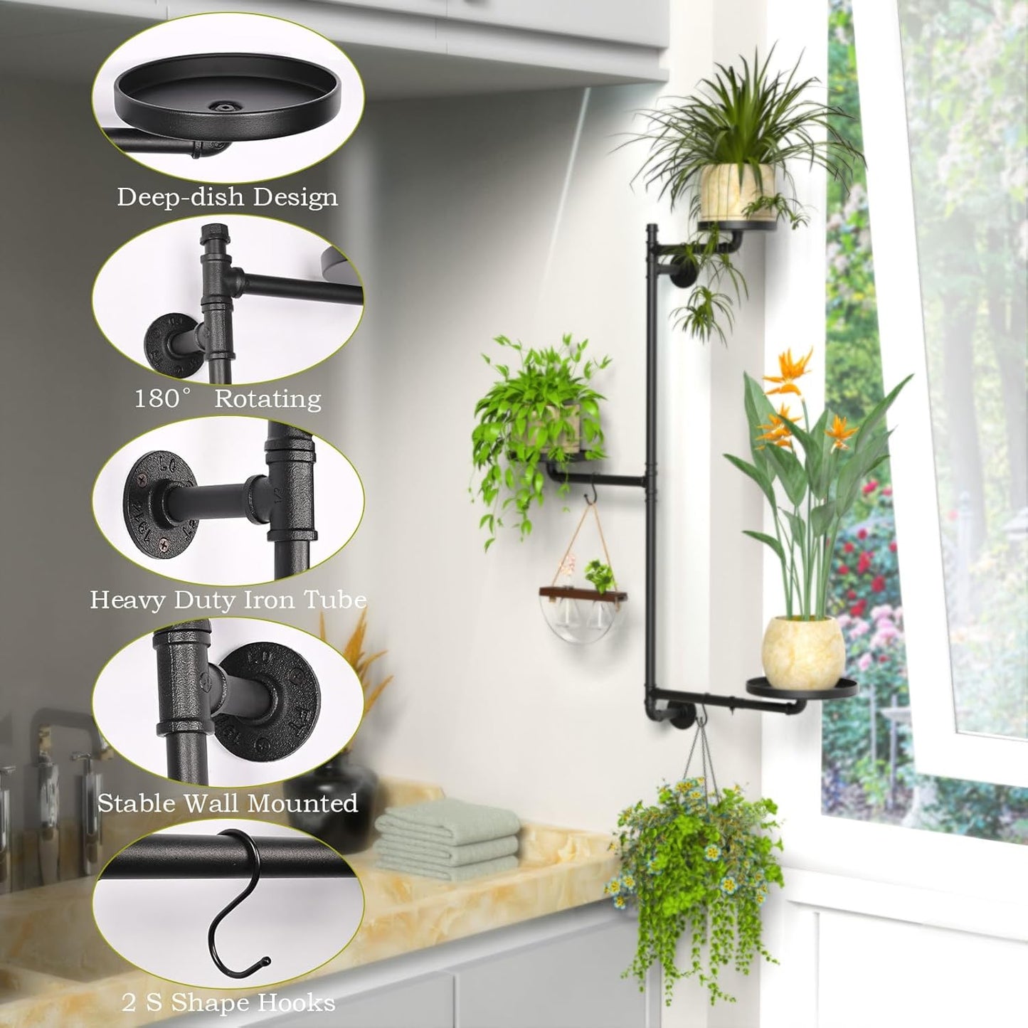 Rotating Window Plant Shelves, 3-Tier Metal Window Sill Shelf for Plants Indoor, Wall Mounted Plant Hanger Plant Holder Stand with 2 S-Shaped Hooks, Home Decor Perfect Gifts for Plant Lovers