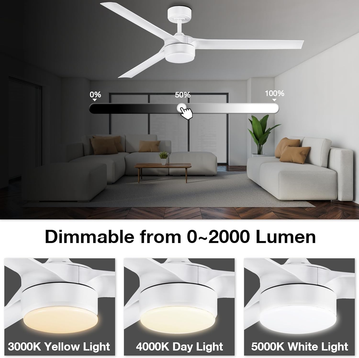 60” Large Smart Ceiling Fans with LED Lights and Remote,Quiet DC Motor,Dimmable,Outdoor Indoor Matte White Ceiling Fan Controlled by WIFI Alexa App,Modern 3 Blade for Bedroom Living Room Patio