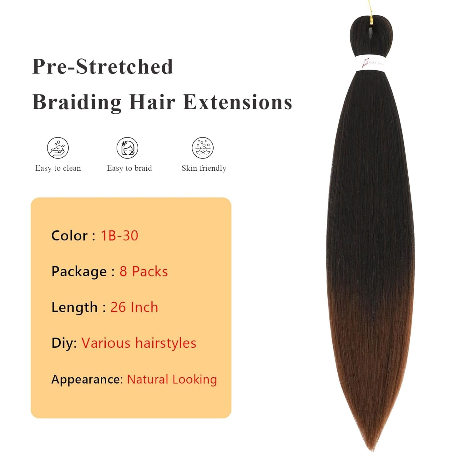 Braiding Hair Pre Stretched - 26 Inch Pre Stretched Braiding Hair 1B/30 Braiding Hair 8 Packs Ombre Braiding Hair for Black Women (26 Inch(8Packs), 1B/30)