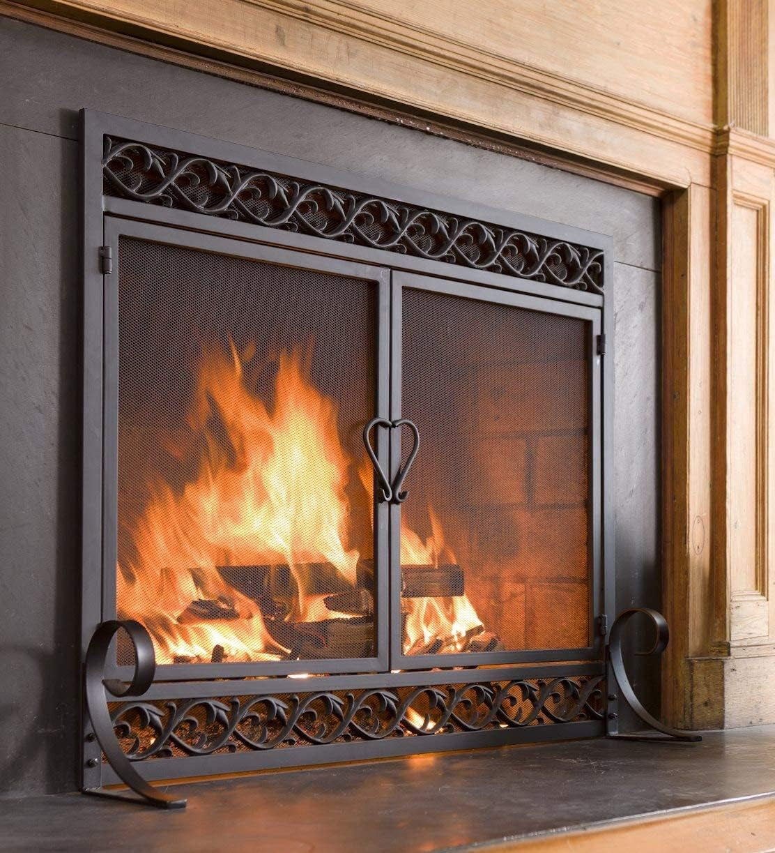 Metal Fireplace Screen Scrollwork Black | 38" W X 31½"H | 2 Door | Spark Guard Grate | Fire Place Cover | Wood Burning Stove Accessories