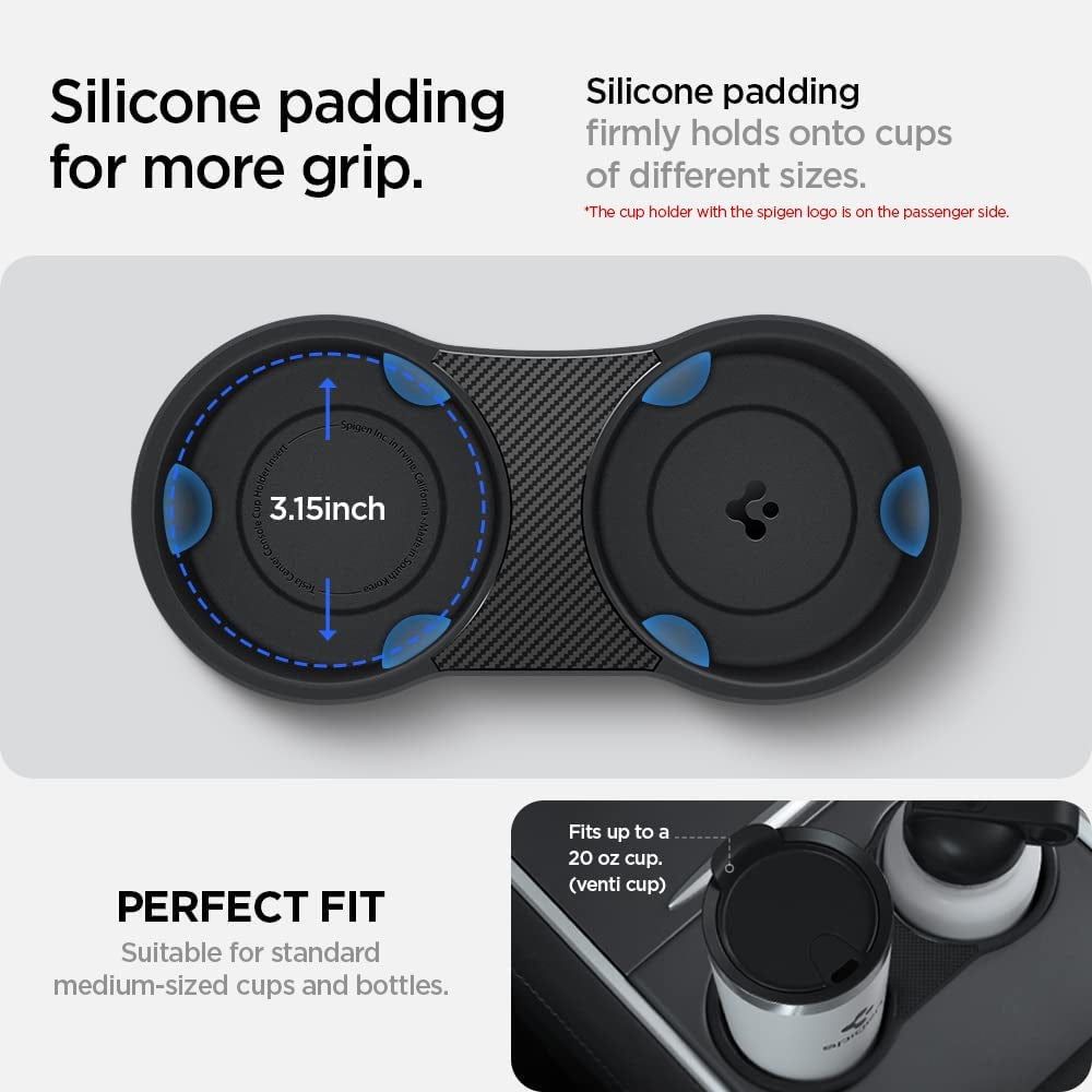 Center Console Cup Holder Insert (Up to 20 Oz Venti Cups) Designed for Tesla Model 3 and Y with Flushed-Fit [Carbon Edition] 2023/2022
