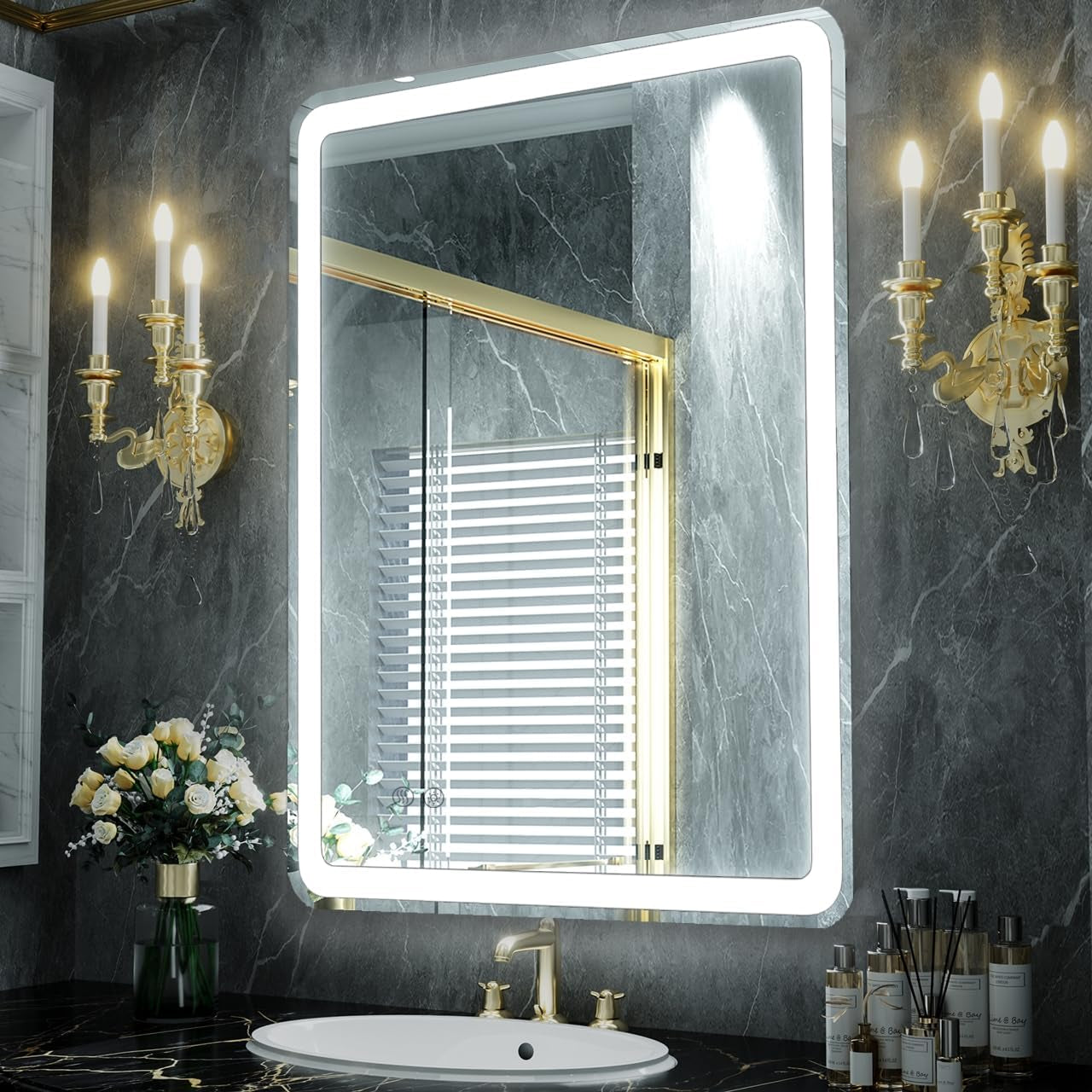 LED Bathroom Mirror with Lights, 24"X32" Frameless Wall Vanity Mirror with Front and Backlit, Stepless Dimmable, Anti-Fog, Waterproof, Memory Smart Mirror for Bathroom
