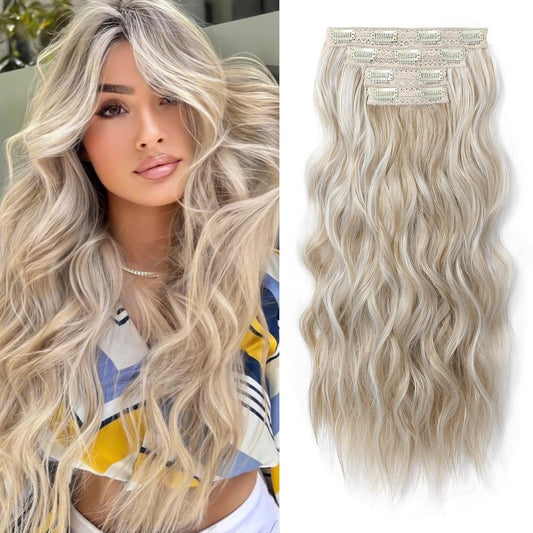 Clip in Hair Extensions, 4PCS Blonde Hair Extensions 24" Thick Long Beach Waves Hair Extensions HE003 Invisible Lace Weft Natural Soft Hairpieces for Women – Ash Blonde with Highlights