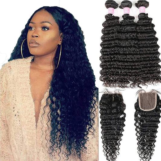 Brazilian Deep Wave Bundles with Closure Virgin Human Hair Bundles with Closure 4×4 Lace Mixed Length Hair Bundles Natural Color for Black Women 100% Unprocessed  (16 18 20+14)