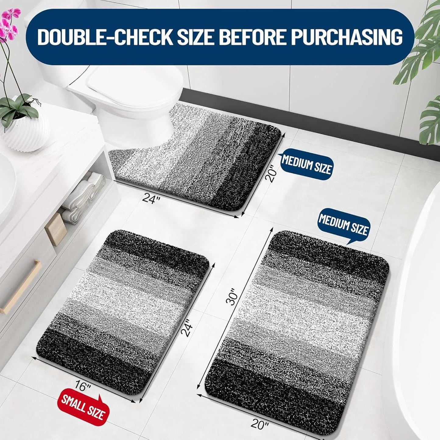 Bathroom Rugs Sets 3 Piece, Soft Absorbent Microfiber Bath Rugs and U-Shaped Contour Toilet Rug Area Rug Set, Non-Slip Bath Carpet, Home Decor Accessories, Bath Mat Set for Bathroom, Black
