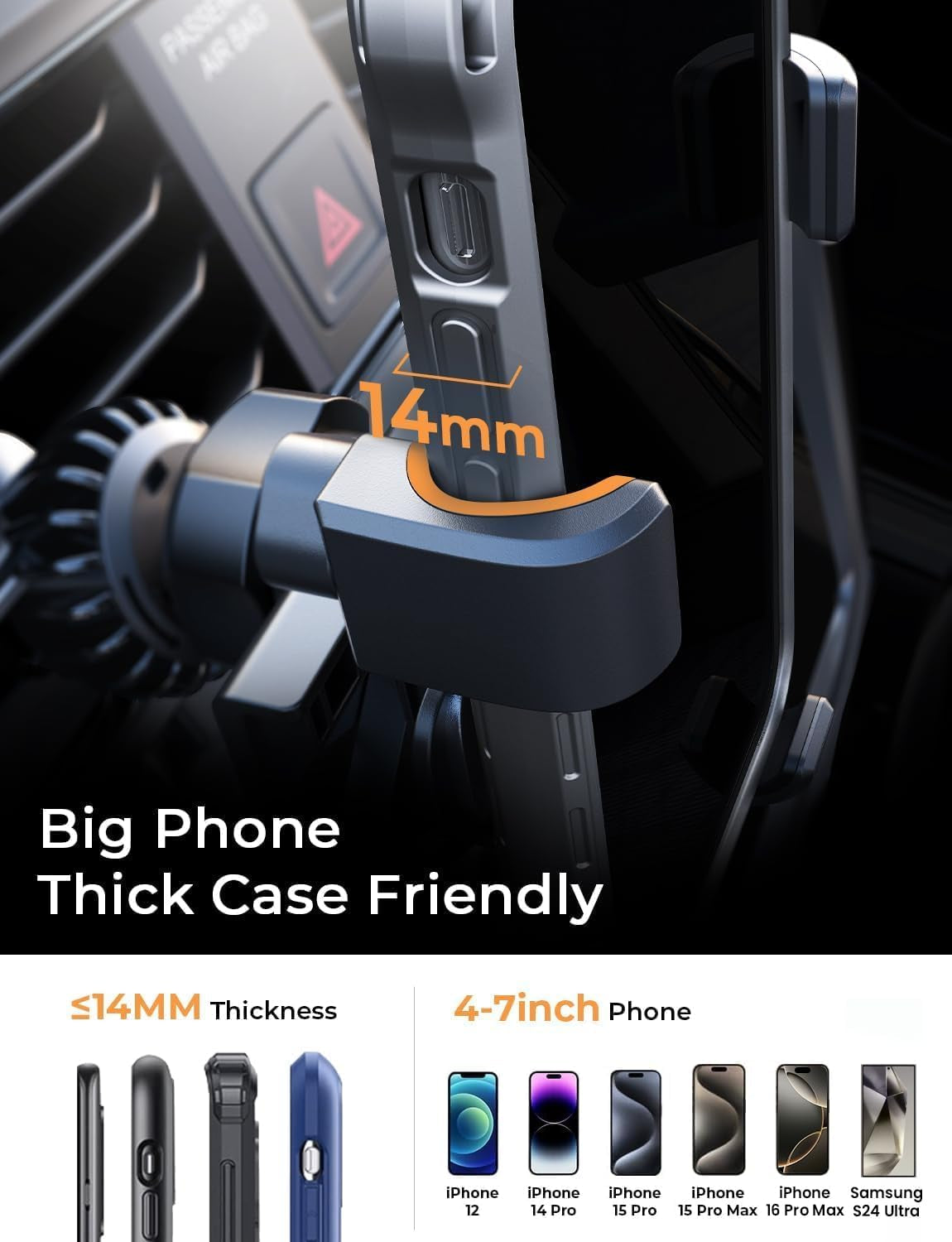Car Phone Holders for Your Car Air Vent Phone Mount [Thick Cases Friendly] Cell Phone Holder 2025 Car Accessories for Women Men for Iphone 16E 16 15 Pro Max Samsung S25 Ultra All Phones, Black