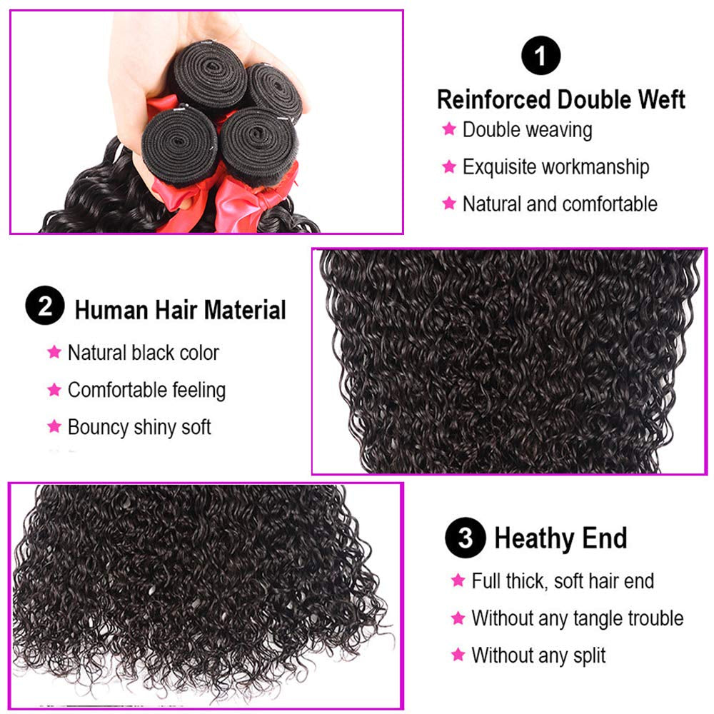 10A Water Wave Bundles with Closure (16 18 20 +14) Wet and Wavy Brazilian Virgin Human Hair 3 Bundles with 4X4 Lace Closure with Baby Hair Free Part 1B# Curly Wave Human Hair Extensions
