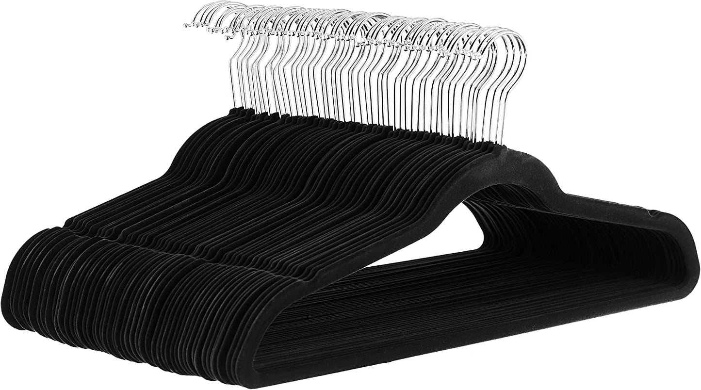 Slim, Velvet, Non-Slip Suit Clothes Hangers, Black/Silver - Pack of 50