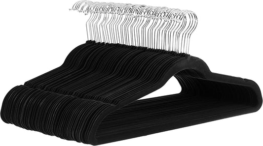 Slim, Velvet, Non-Slip Suit Clothes Hangers, Black/Silver - Pack of 50