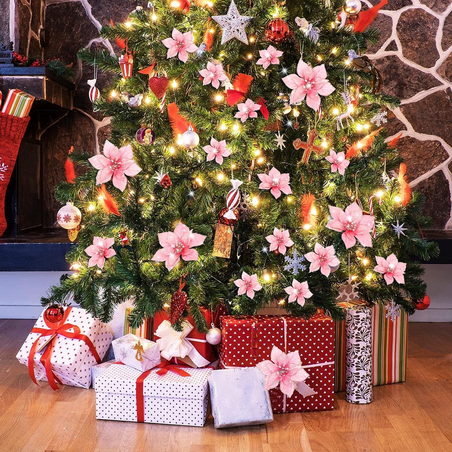 24 Pieces 3 Size Christmas Glitter Poinsettia Flowers Wedding Faux Flowers Christmas Decoration Ornaments for Christmas Tree New Year Home Outdoor Decoration (Rose Red,3.2/4/6 Inches)