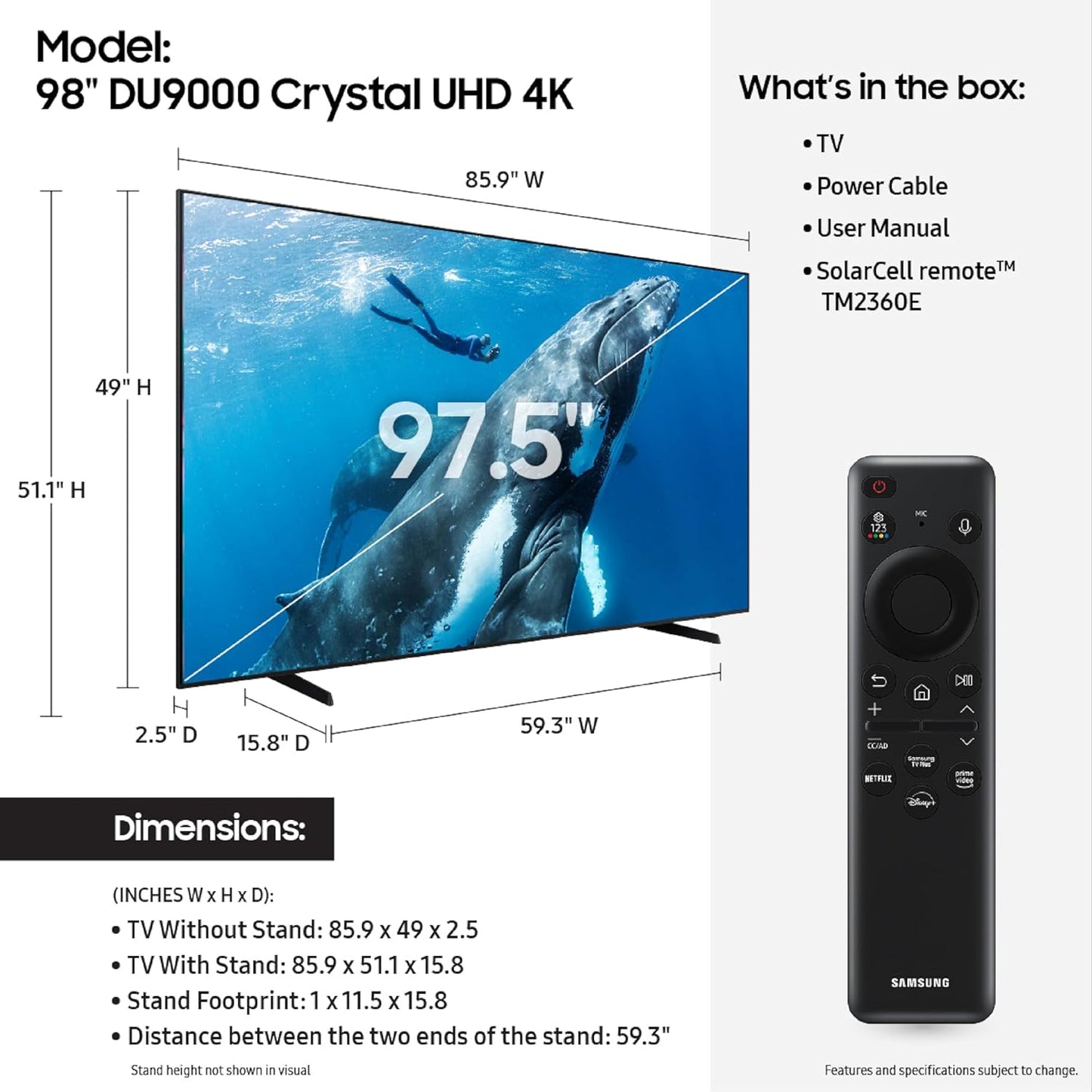98-Inch Class 4K Crystal UHD DU9000 Series HDR Smart TV, Object Tracking Sound Lite, Motion Xcelerator 120Hz, Supersize Picture Enhancer, Mega Contrast, Alexa Built-In (UN98DU9000, 2024 Model)