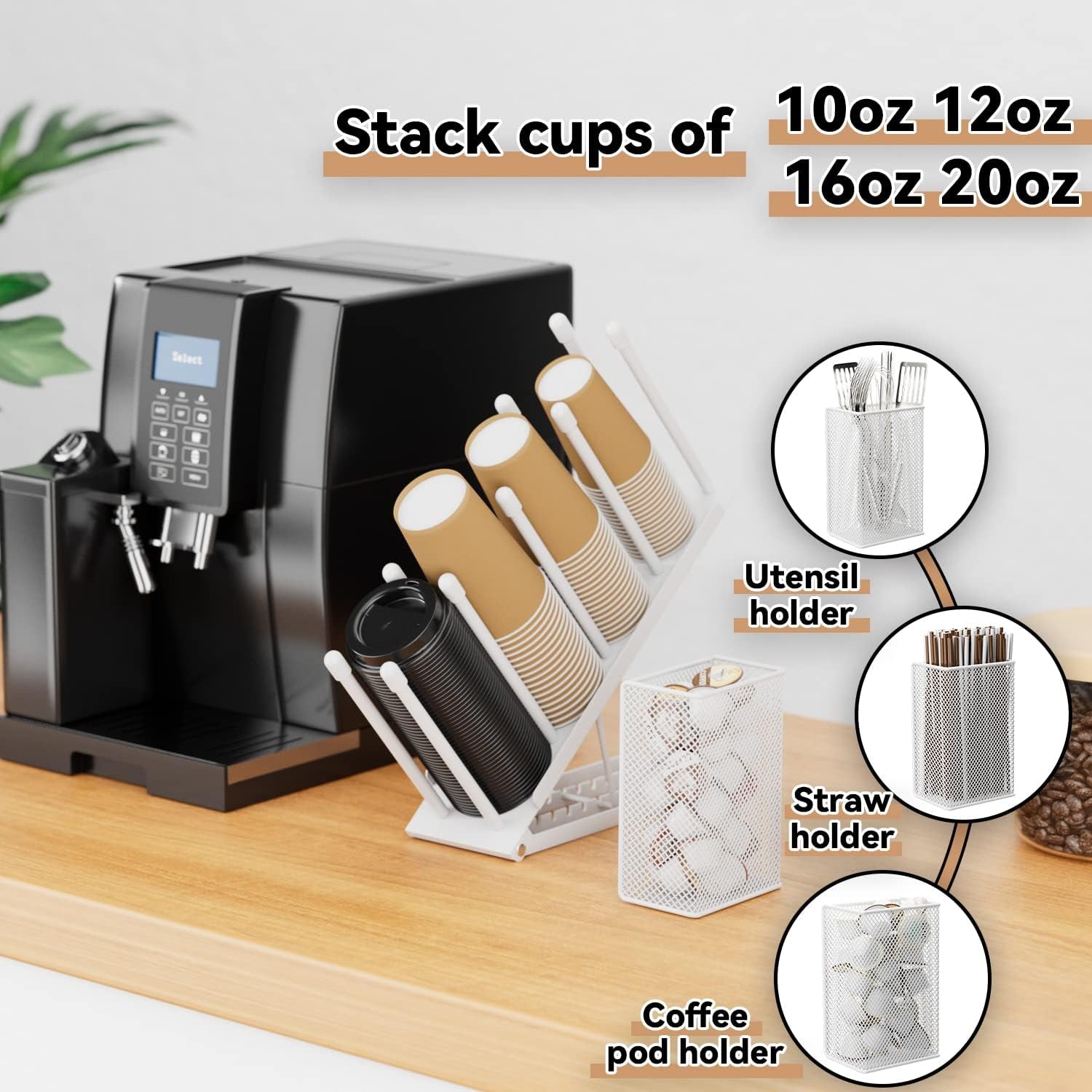 Cup and Lid Holder - Adjustable Coffee Cup Holder Organizer 4 Compartment Disposable Cup Dispenser with Mesh Basket for Coffee Pod Straw Storage Metal (White)
