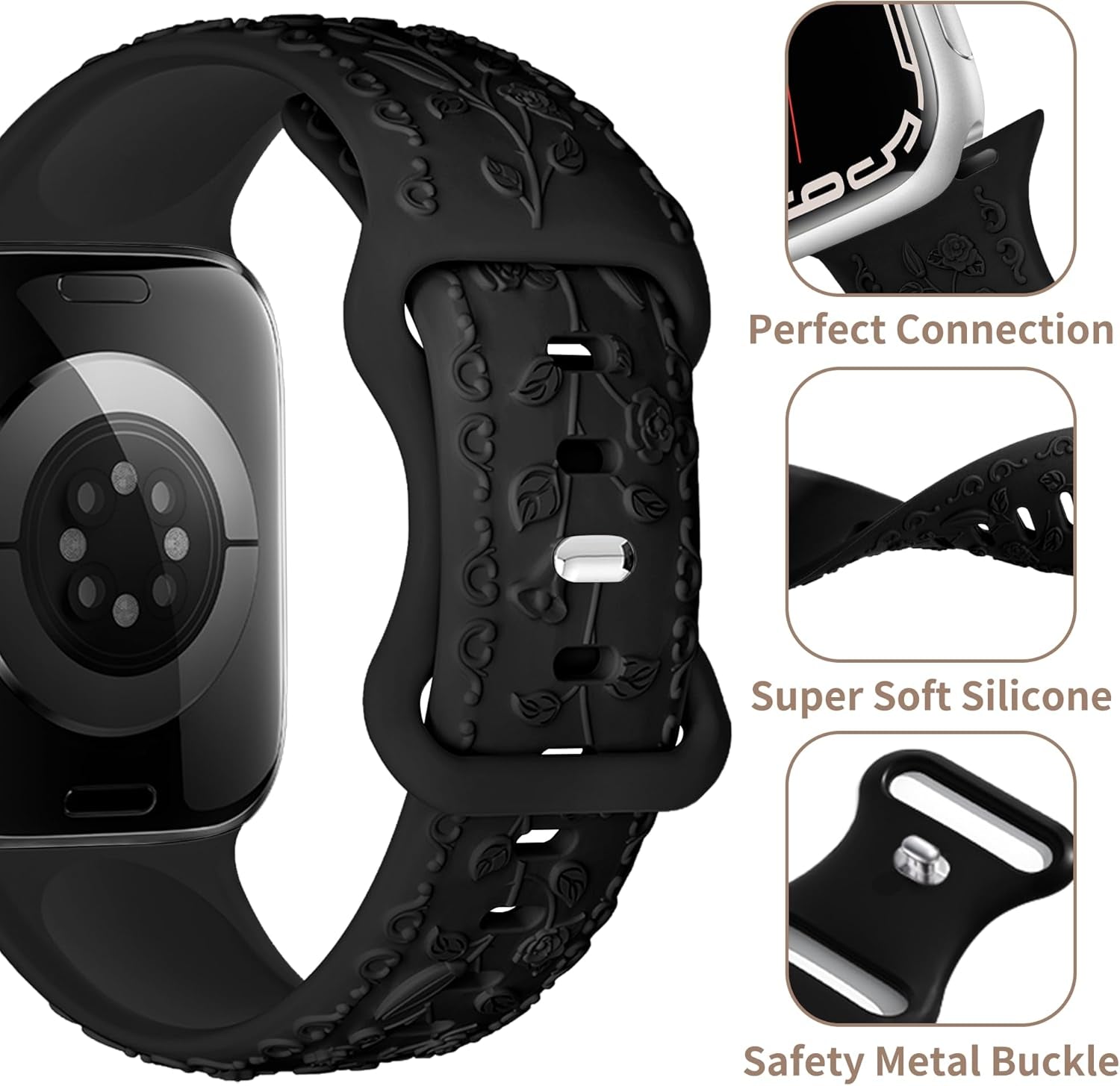 Dressy Floral Engraved Band for Apple Watch Bands for Women 46Mm 44Mm 45Mm 42Mm 49Mm, Soft Silicone Iwatch Bands for Women, Designer Band for Appe Watch Series 10 9 8 7 6 5 4 3 SE Ultra-Black