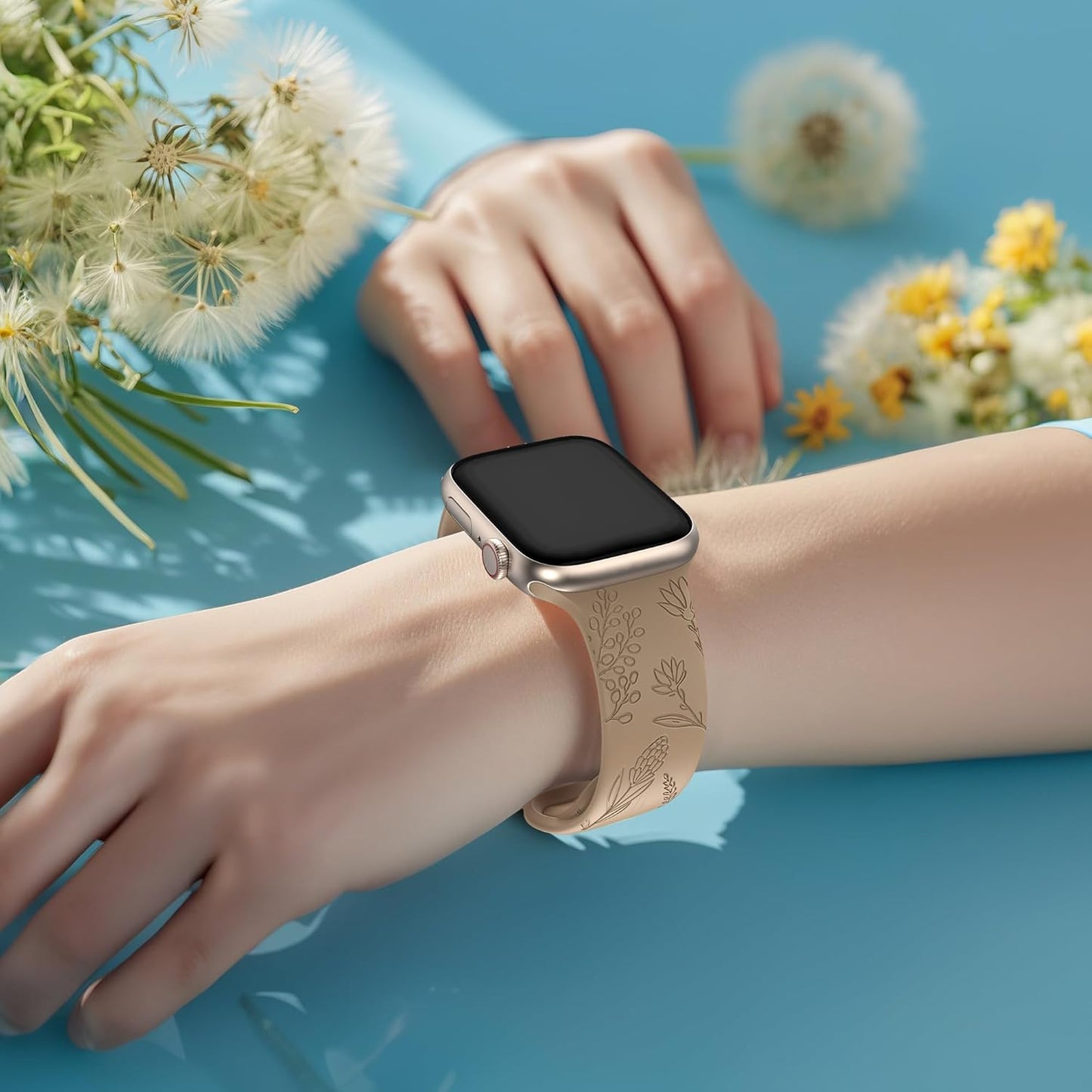 Floral Engraved Bands Compatible with Apple Watch Band for Women 44Mm 40Mm 38Mm 41Mm 45Mm 49Mm 42Mm, Soft Silicone Dandelion Pattern Sport Strap for Iwatch Bands Series Ultra 2 SE 9 8 7 6 5 4 3 2 1