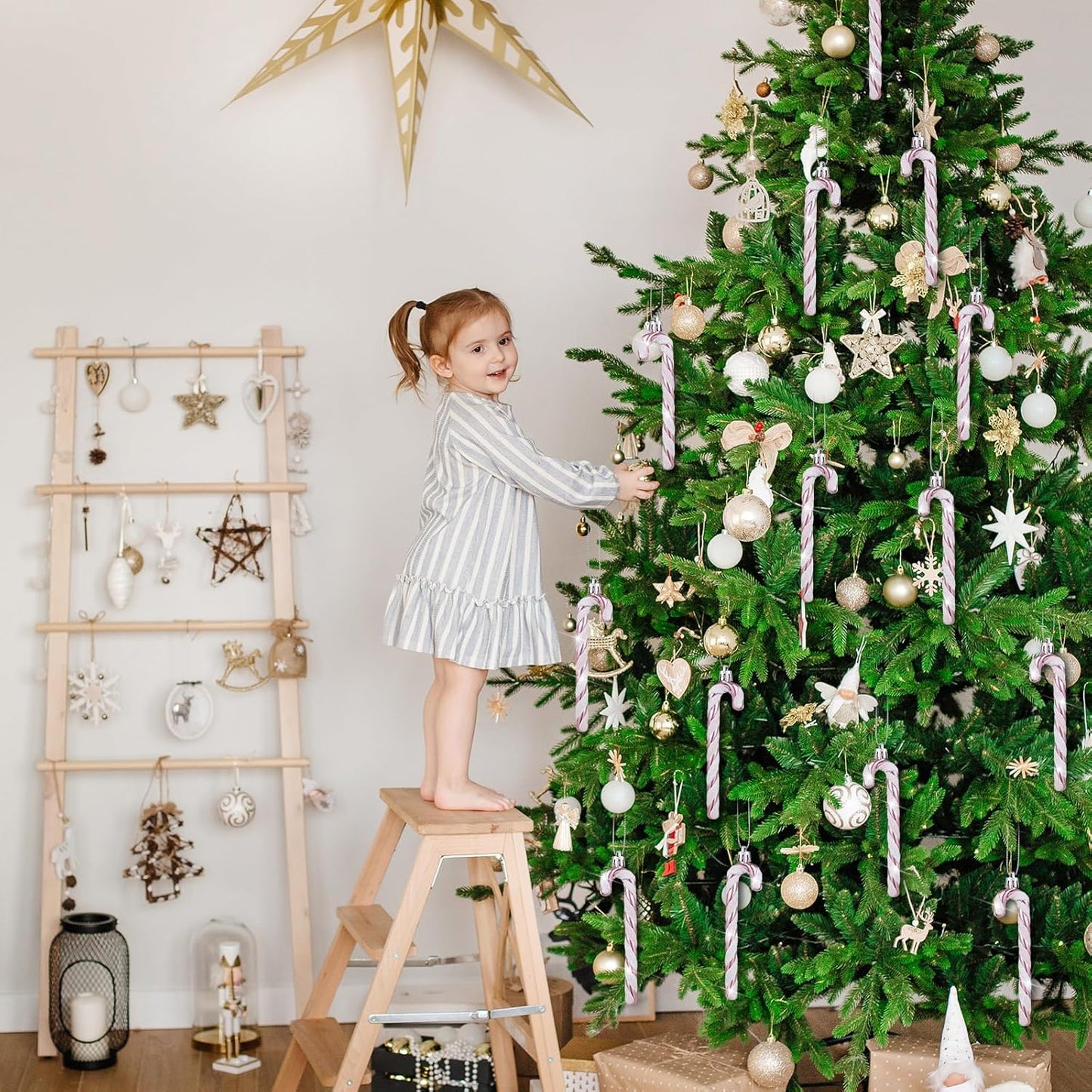 Christmas Candy Canes Ornaments Plastic Glitter Candy Cane Christmas Tree Hanging Decorations for Holiday Party Favors (Pink and White,36Pcs)