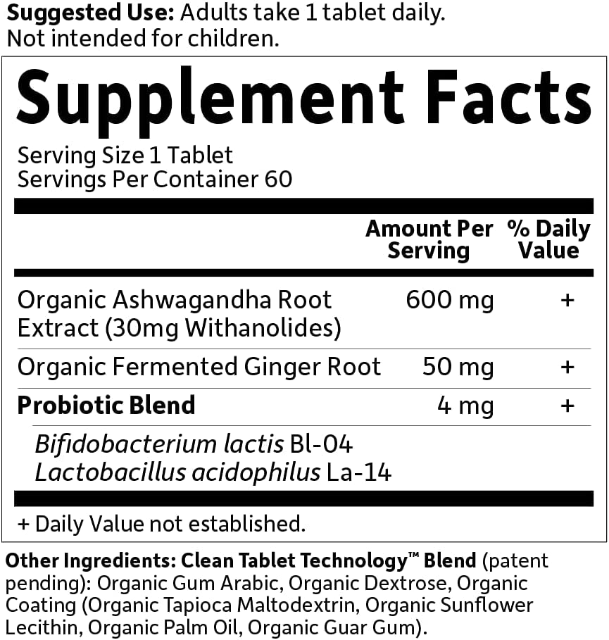 Organics Ashwagandha Stress, Mood & Energy Support Supplement with Probiotics & Ginger Root for Digestion - Vegan, Gluten Free, Non GMO – 2 Month Supply, 60 Tablets TLBH