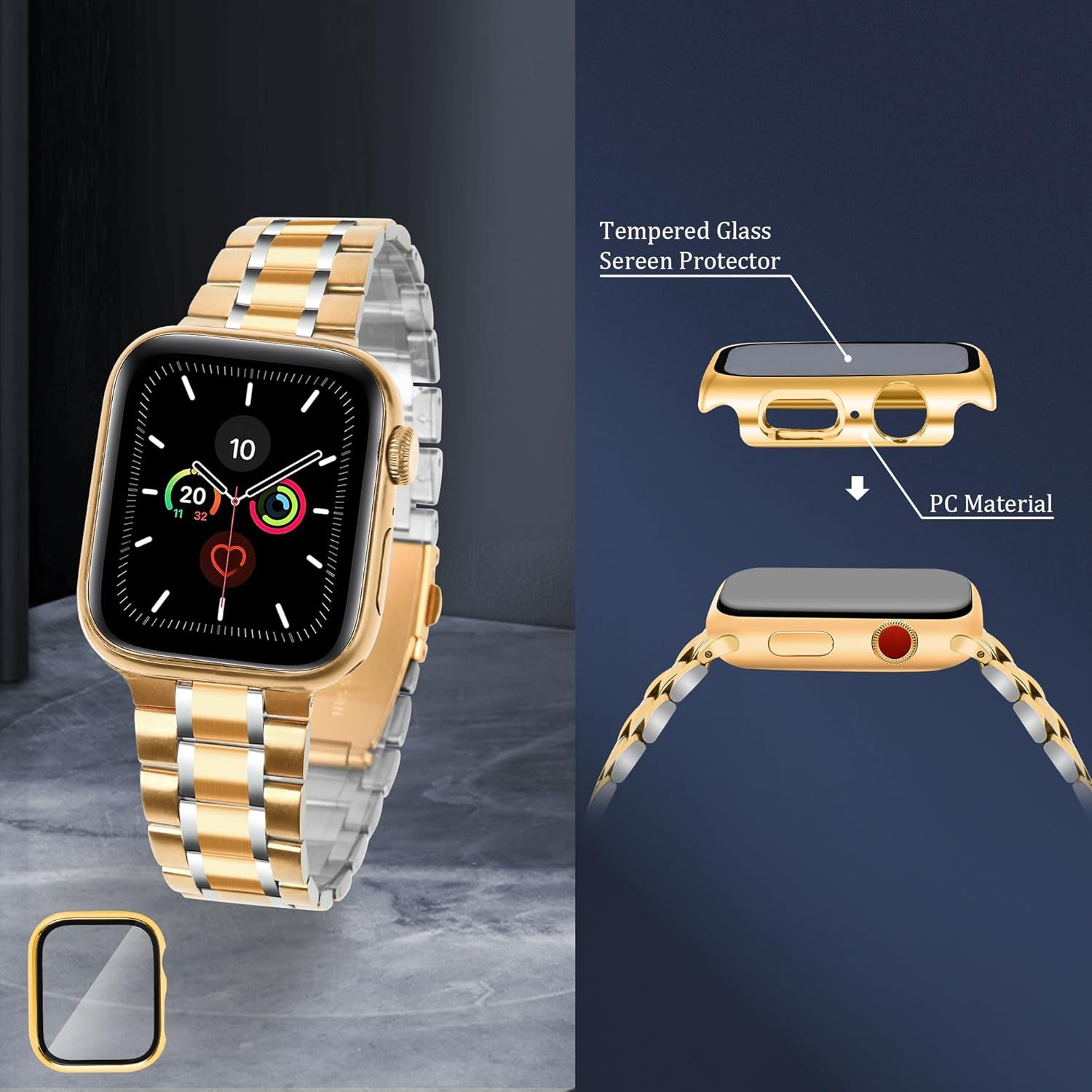 Solid Stainless Steel Band Compatible with Apple Watch 38Mm 40Mm 41Mm 42Mm 44Mm 45Mm, Metal Wristband Strap with Screen Protector Case for Iwatch Series 9/8/7/6/5/4/3/2/1/SE Women and Men