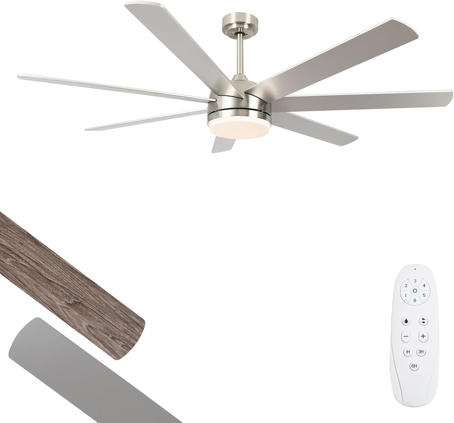62 Inch Ceiling Fan with Lights, Outdoor Ceiling Fan with Light 7 Reversible Blades,Dimmable, Modern Nickel Ceiling Fan with 6" and 12" Downrods for Bedroom Living Room Patio