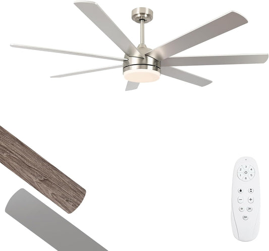 62 Inch Ceiling Fan with Lights, Outdoor Ceiling Fan with Light 7 Reversible Blades,Dimmable, Modern Nickel Ceiling Fan with 6" and 12" Downrods for Bedroom Living Room Patio