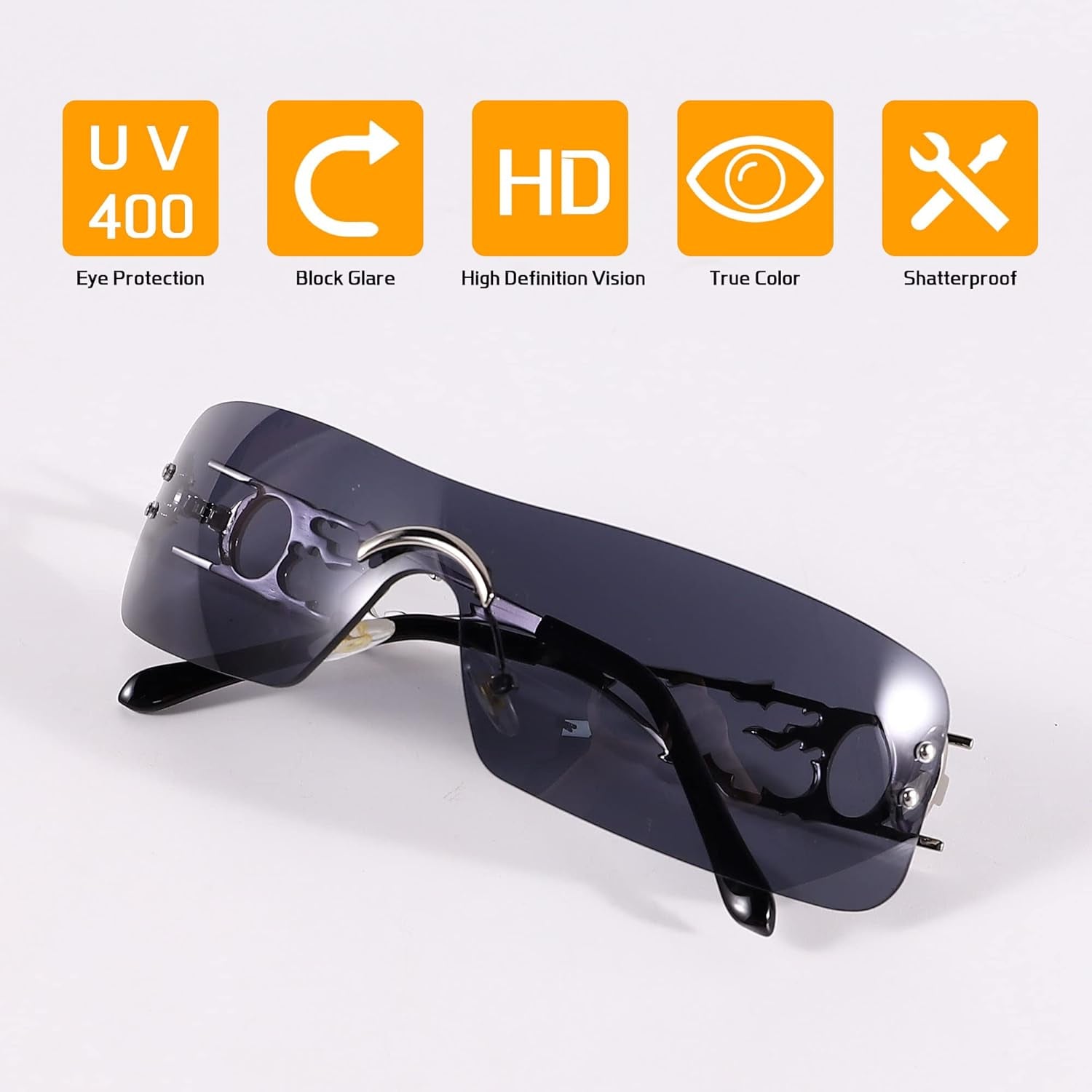 Rimless Y2K Sunglasses for Women Men Rectangle Vintage Glasses Fashion Flame Metal Sunglass Frameless Retro Eyewear