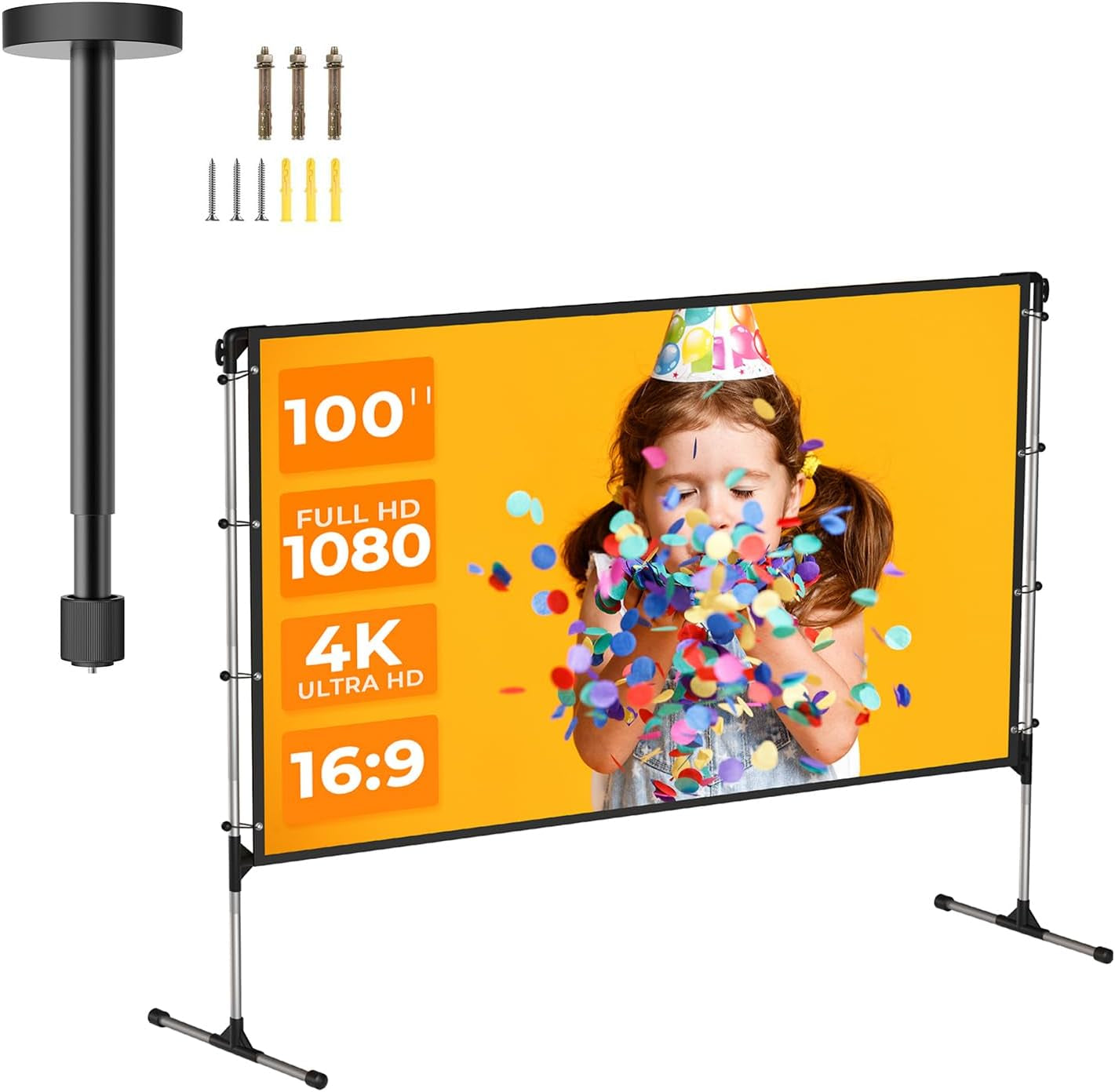 Extendable Ceiling & Wall Projector Mounts + 100" 4K HD Portable Screen with Stand (16:9,Adjustable Height, 160° Viewing Angle, for Home & Outdoor).
