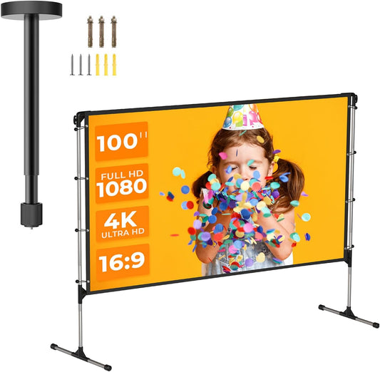 Extendable Ceiling & Wall Projector Mounts + 100" 4K HD Portable Screen with Stand (16:9,Adjustable Height, 160° Viewing Angle, for Home & Outdoor).