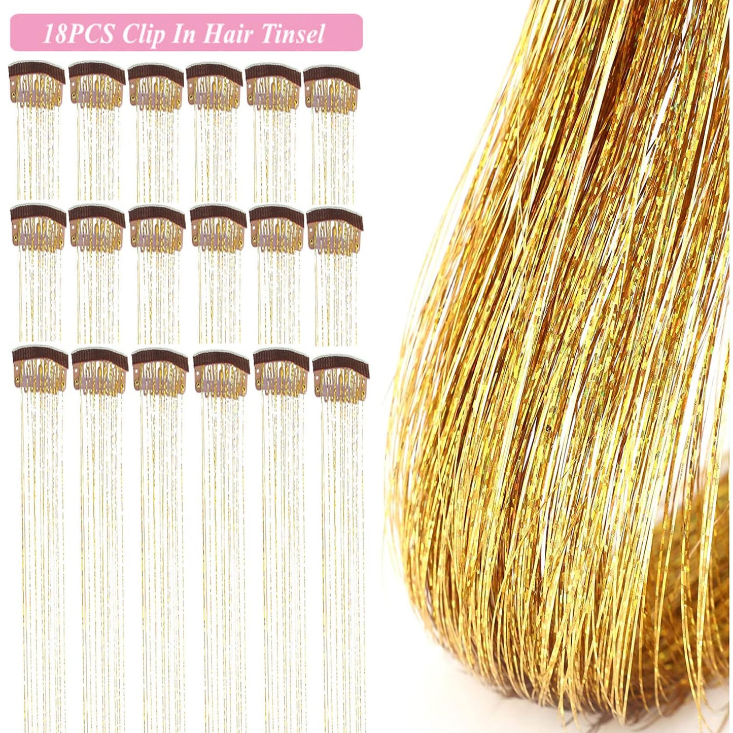 18 Pcs Hair Tinsel Clip in Tinsel Hair Extensions 19.6Inch Clip in Hair Tinsel Kit Heat Resistant Sparkle Fairy Hair Accessories for Kids Girls Women (Gold)