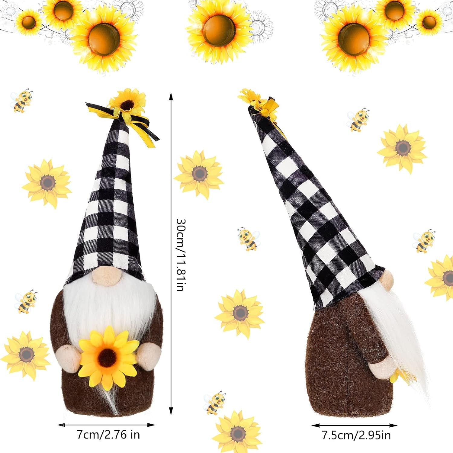 3 Pieces Fall Sunflower Swedish Gnomes Decor Sunflower Buffalo Plaid Rustic Tiered Tray Decorations Plush Tiered Tray Gnomes Ornaments for Home Garden Kitchen Decor