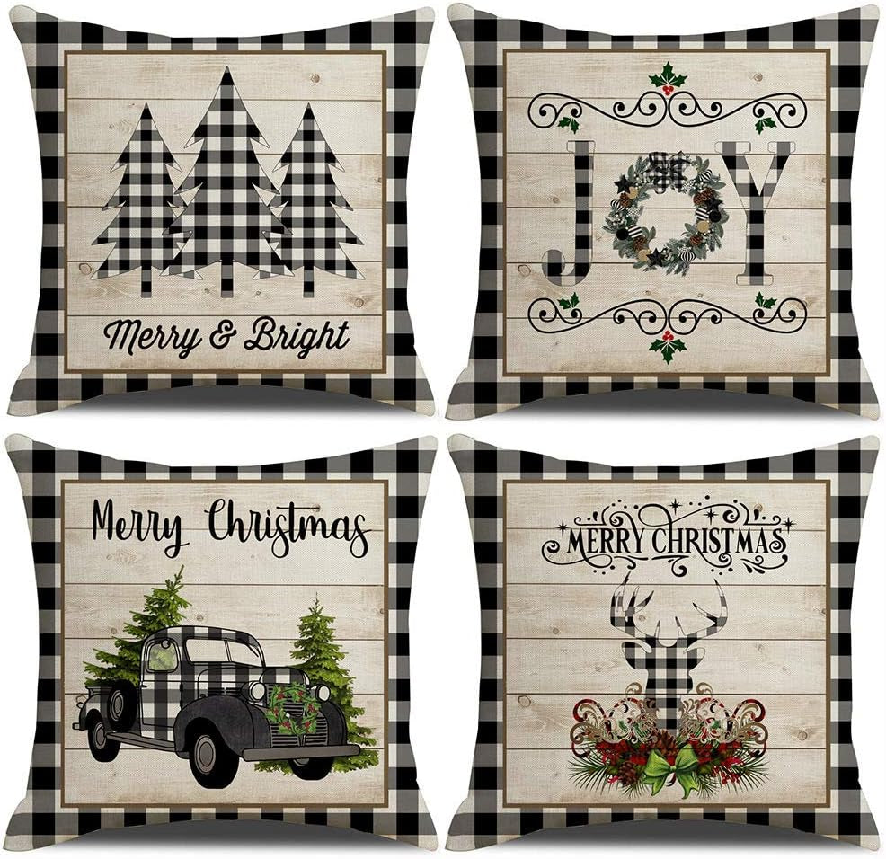 Christmas Buffalo Plaids Pillow Covers Christmas Tree Truck Farmhouse Decor Throw Pillow Case Cushion Cover 16" X 16" 4 Pack Christmas Decorations (Christmas Plaids & Joy)
