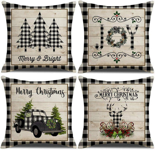 Christmas Buffalo Plaids Pillow Covers Christmas Tree Truck Farmhouse Decor Throw Pillow Case Cushion Cover 16" X 16" 4 Pack Christmas Decorations (Christmas Plaids & Joy)