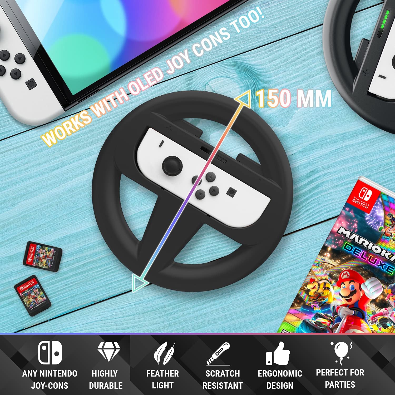Steering Wheels for Nintendo Switch & OLED Console Joycons, Racing Wheels for Mario Kart 8 Deluxe [Mariokart Switch Steering Wheel Joycon Controller Attachment Accessories]-Twin Pack [2X Black]