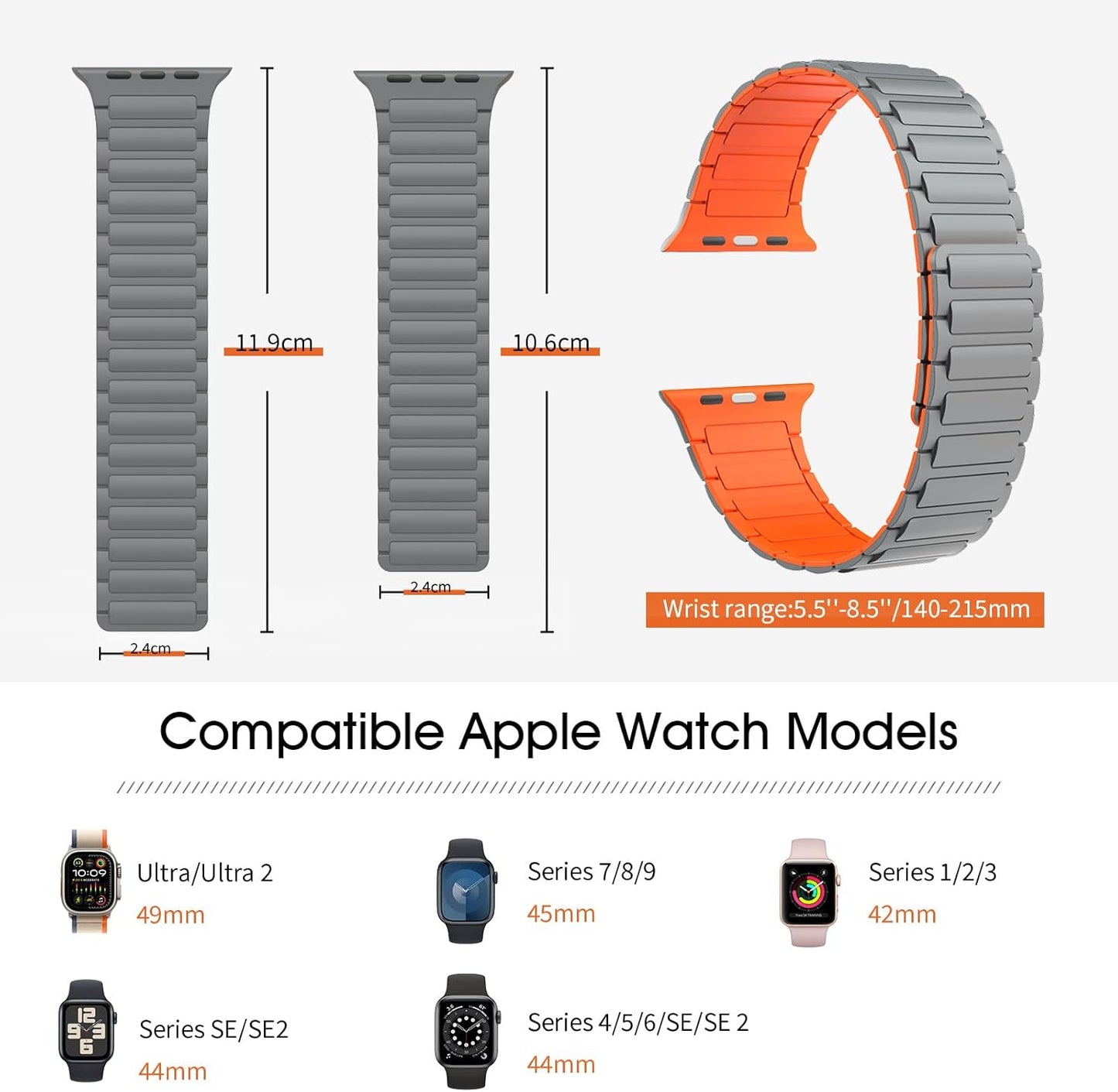 Magnetic Band Compatible with Apple Watch Bands 42/44/45/46/49Mm Men Women, Strong Magnet Link Sport Replacement Strap for Iwatch Ultra 2 Ultra SE2 SE Series 10 9 8 7 6 5 4 3 2 1, Gray/Orange