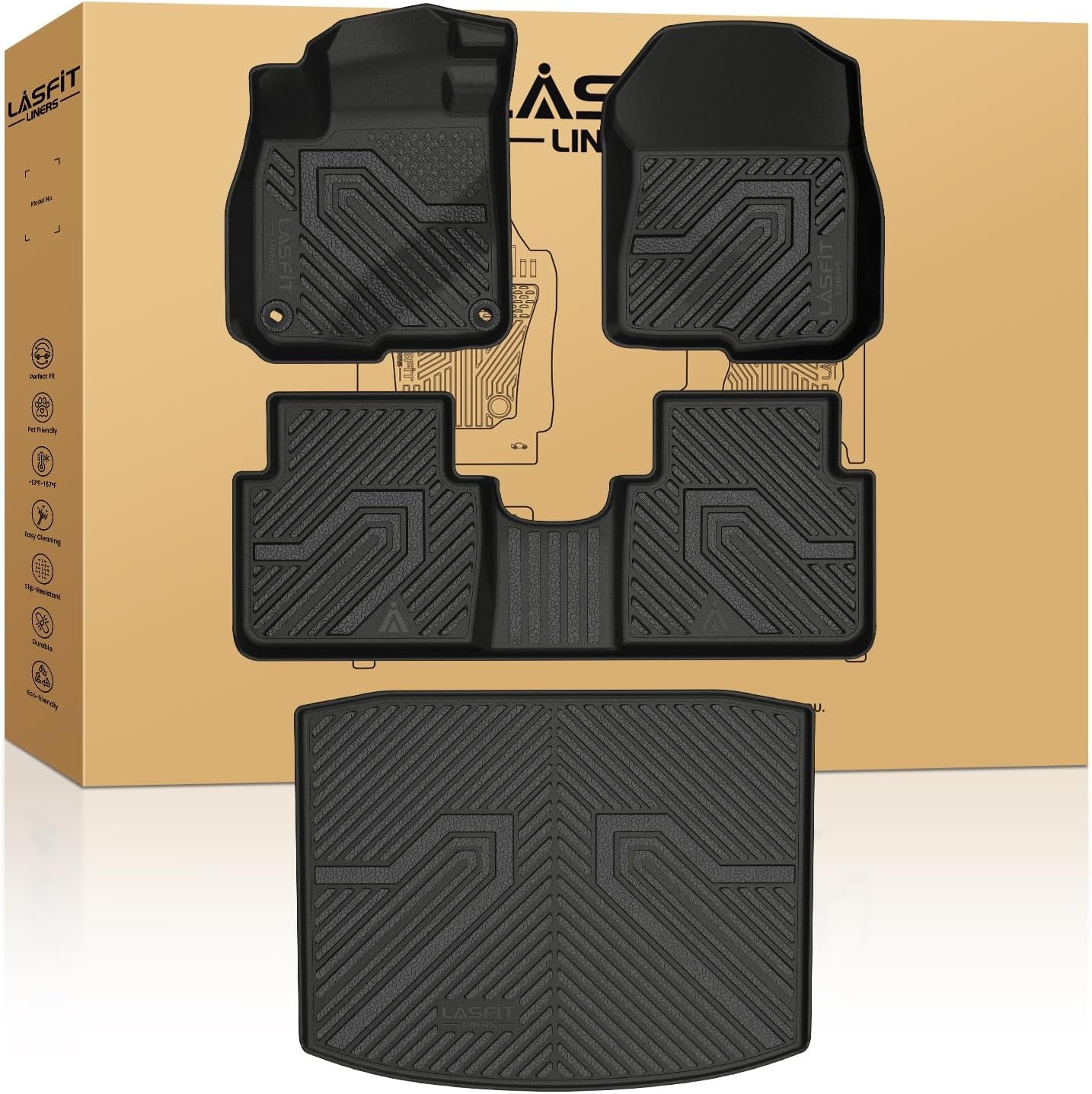 Floor Mats and Cargo Liner for Honda CR-V 2023-2025 (Include Hybrid Models), All Weather TPE Car Trunk Mat (Upper Position), 1St & 2Nd Row & Trunk Liner Full Set Black
