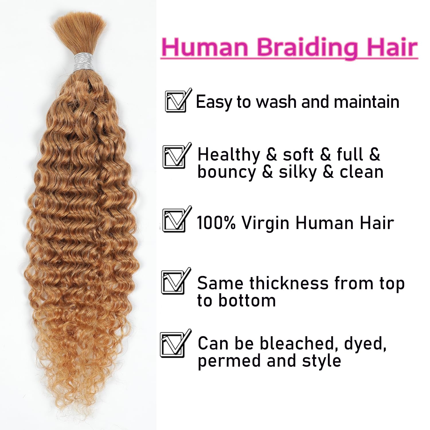 Human Braiding Hair 14Inch Water Wave Bulk Human Hair for Braiding 100G 2Bundle/Pack No Weft Human Hair Bundles for Braiding Micro Human Braiding Hair for Boho Braids（14Inch ，27#）