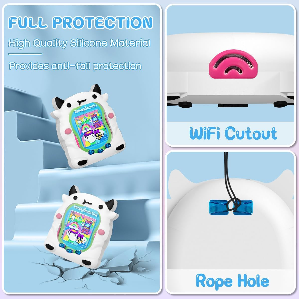 Silicone Case Compatible with Tamagotchi Uni Case, Cute Cartoon White Cow Virtual Pet Game Machine Protector Cover for Tamagotchi Uni Accessories with Ring Lanyard (White Cow) ZOUSA