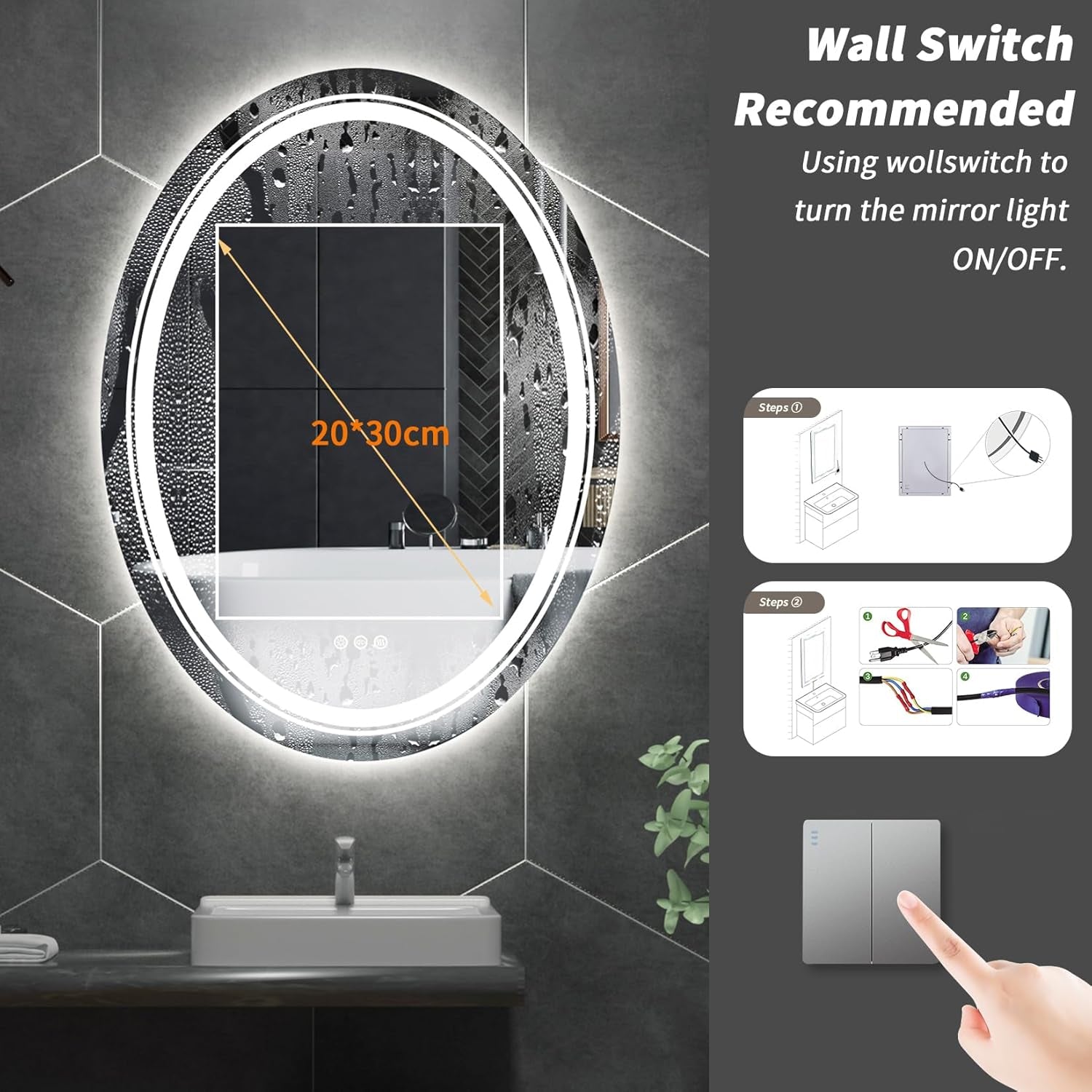 Lighted LED Bathroom Mirror: 28”X20” Oval Wall Mounted Makeup Mirror with Backlit and Front Light - Modern Dimmable Smart Mirror anti Fog with Touch Switch Sensor for Restroom Bedroom